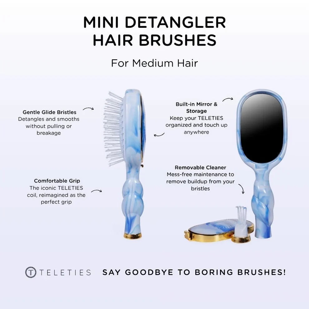 Teleties mini detangler hair brushes with features highlighted on a white background
