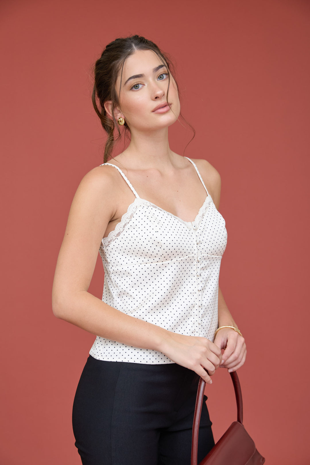 Blu Pepper-POLKA DOT LACE TRIM BUTTON DOWN SATIN CAMI