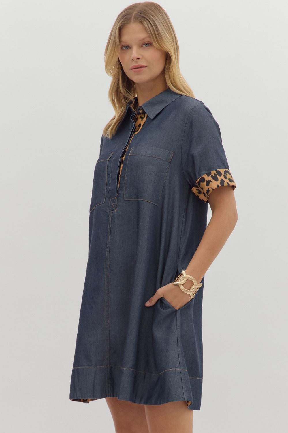 Chambray Leopard Accent Denim Button Front Dress
