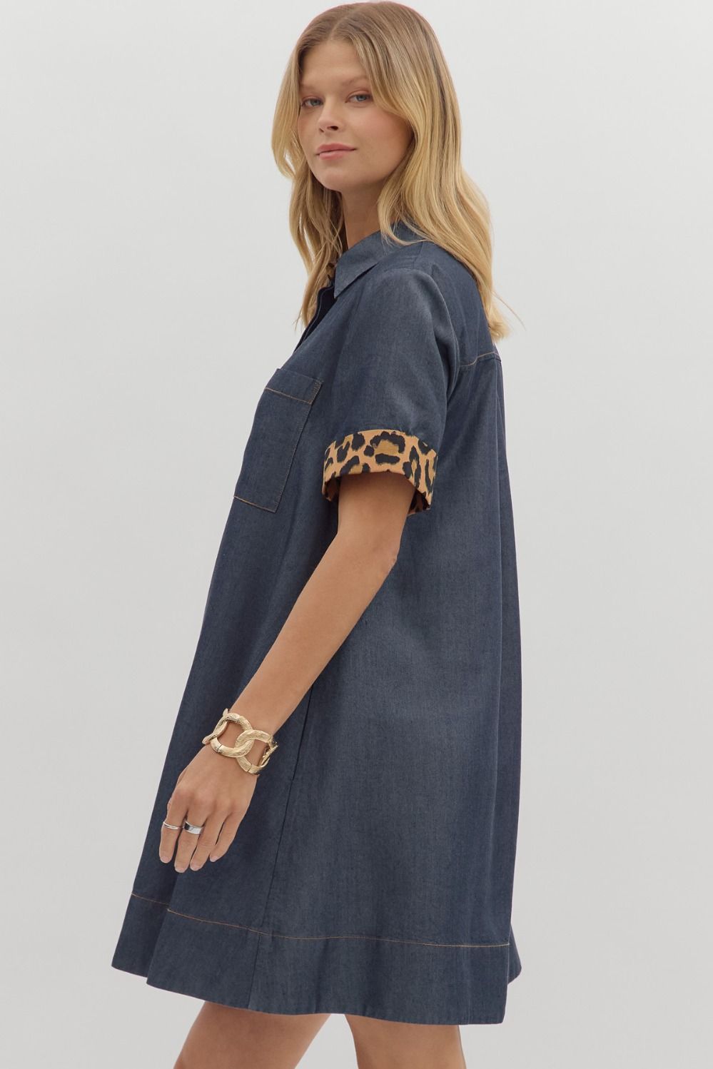 Chambray Leopard Accent Denim Button Front Dress