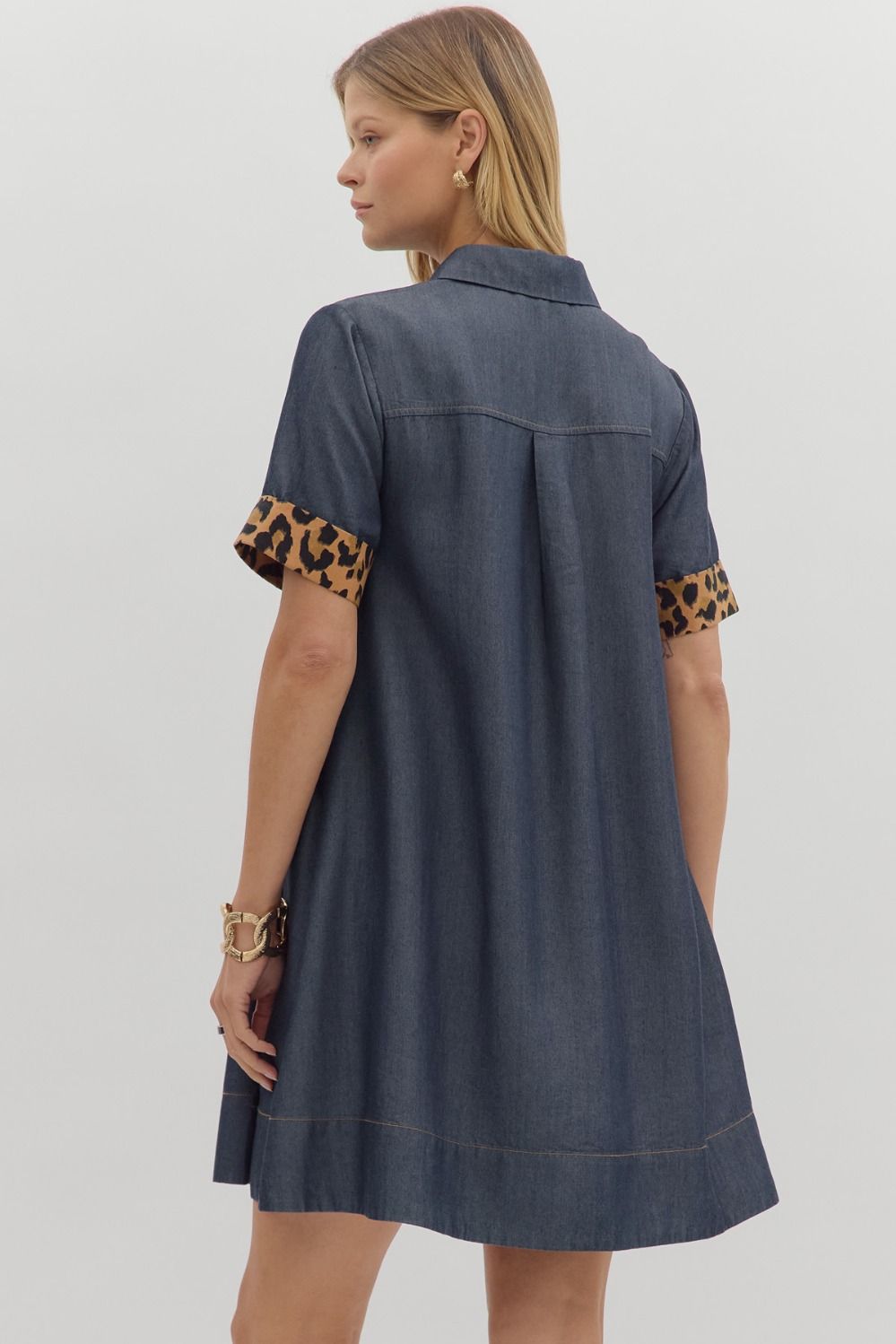 Chambray Leopard Accent Denim Button Front Dress