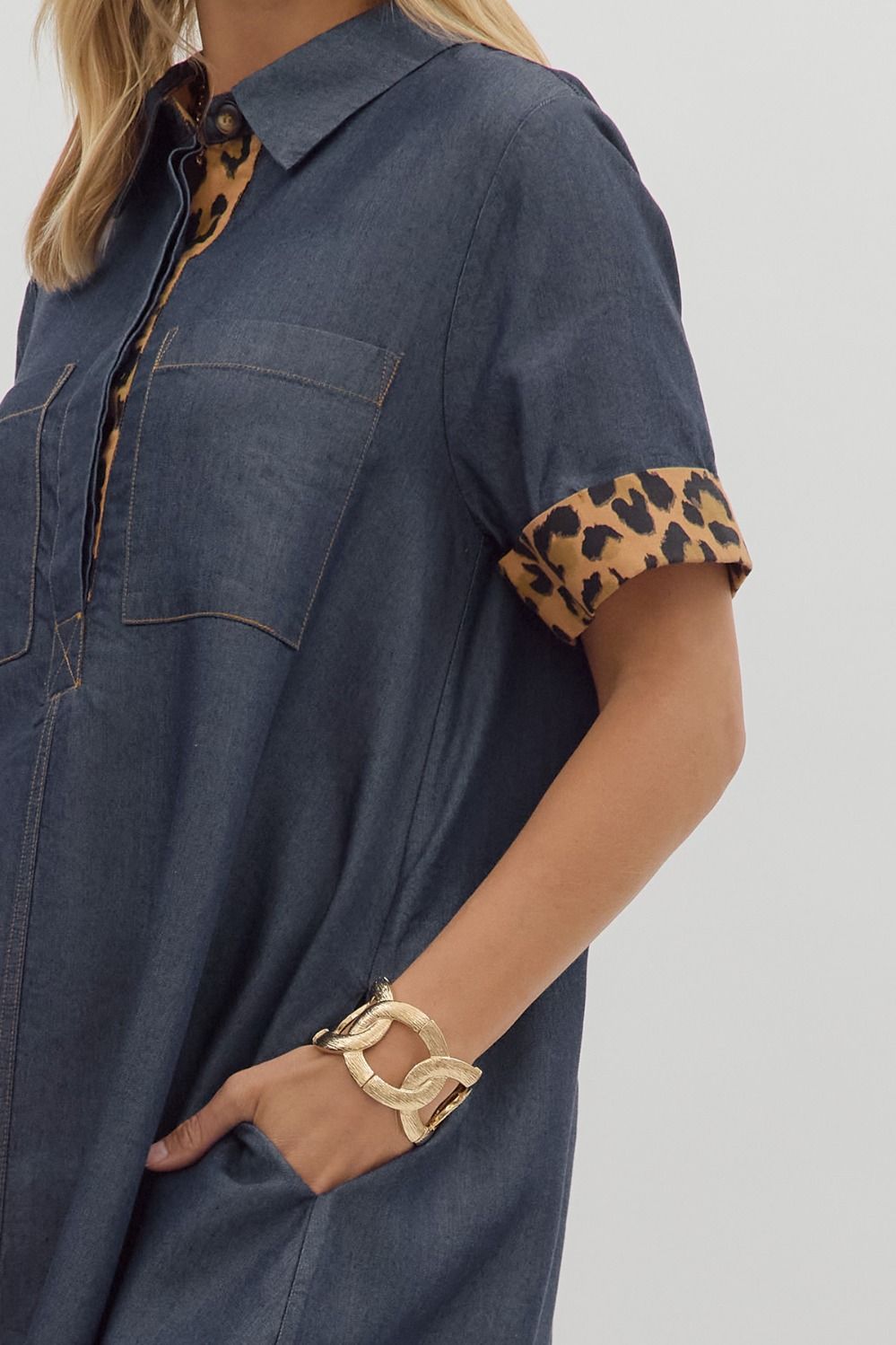 Chambray Leopard Accent Denim Button Front Dress