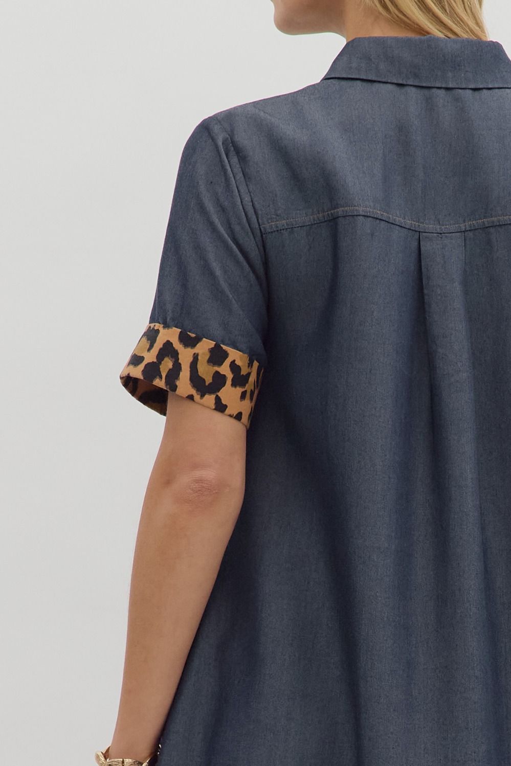 Chambray Leopard Accent Denim Button Front Dress