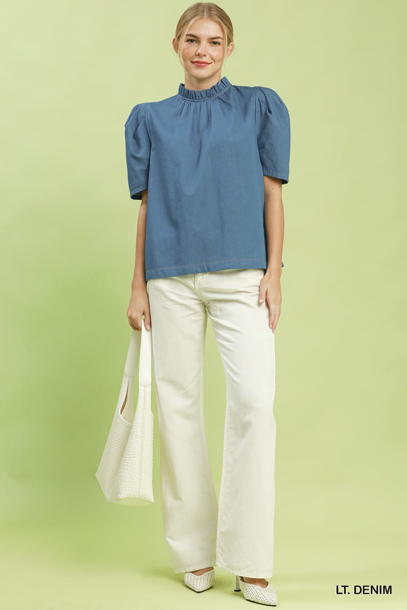 Umgee-Denim Puff Sleeve Mock Neck Blouse
