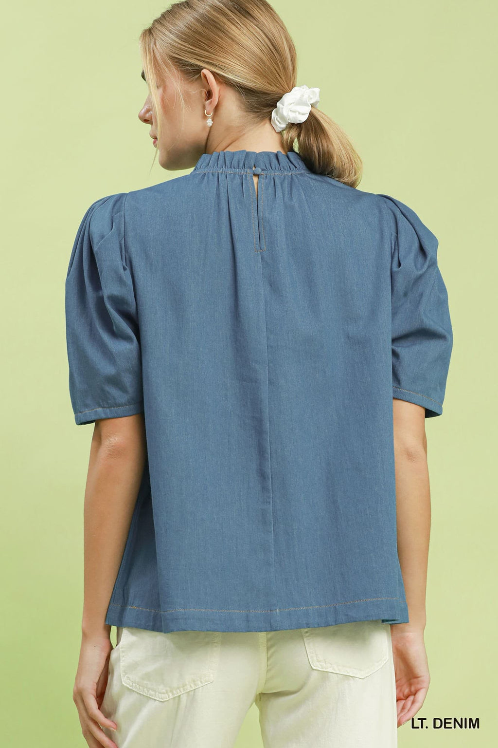 Umgee-Denim Puff Sleeve Mock Neck Blouse