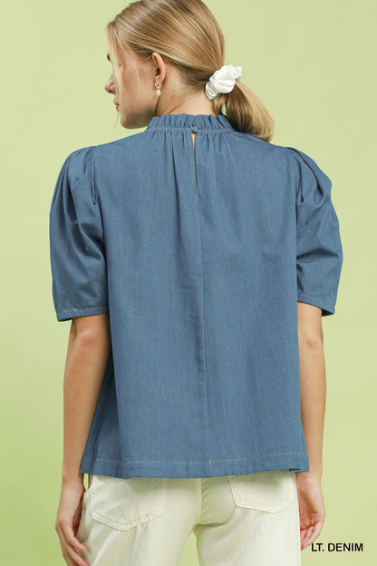 Umgee-Denim Puff Sleeve Mock Neck Blouse
