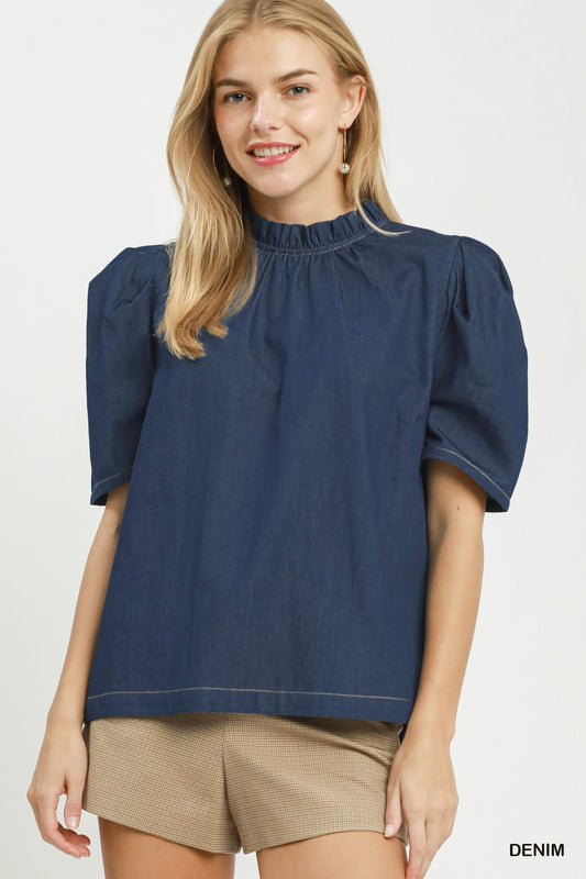 Umgee-Denim Puff Sleeve Mock Neck Blouse