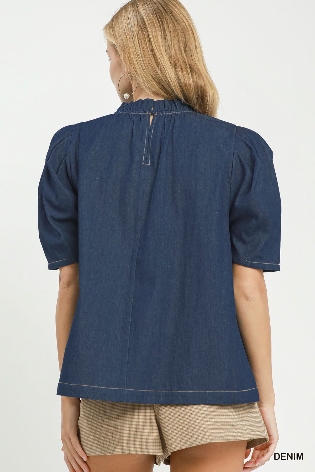 Umgee-Denim Puff Sleeve Mock Neck Blouse