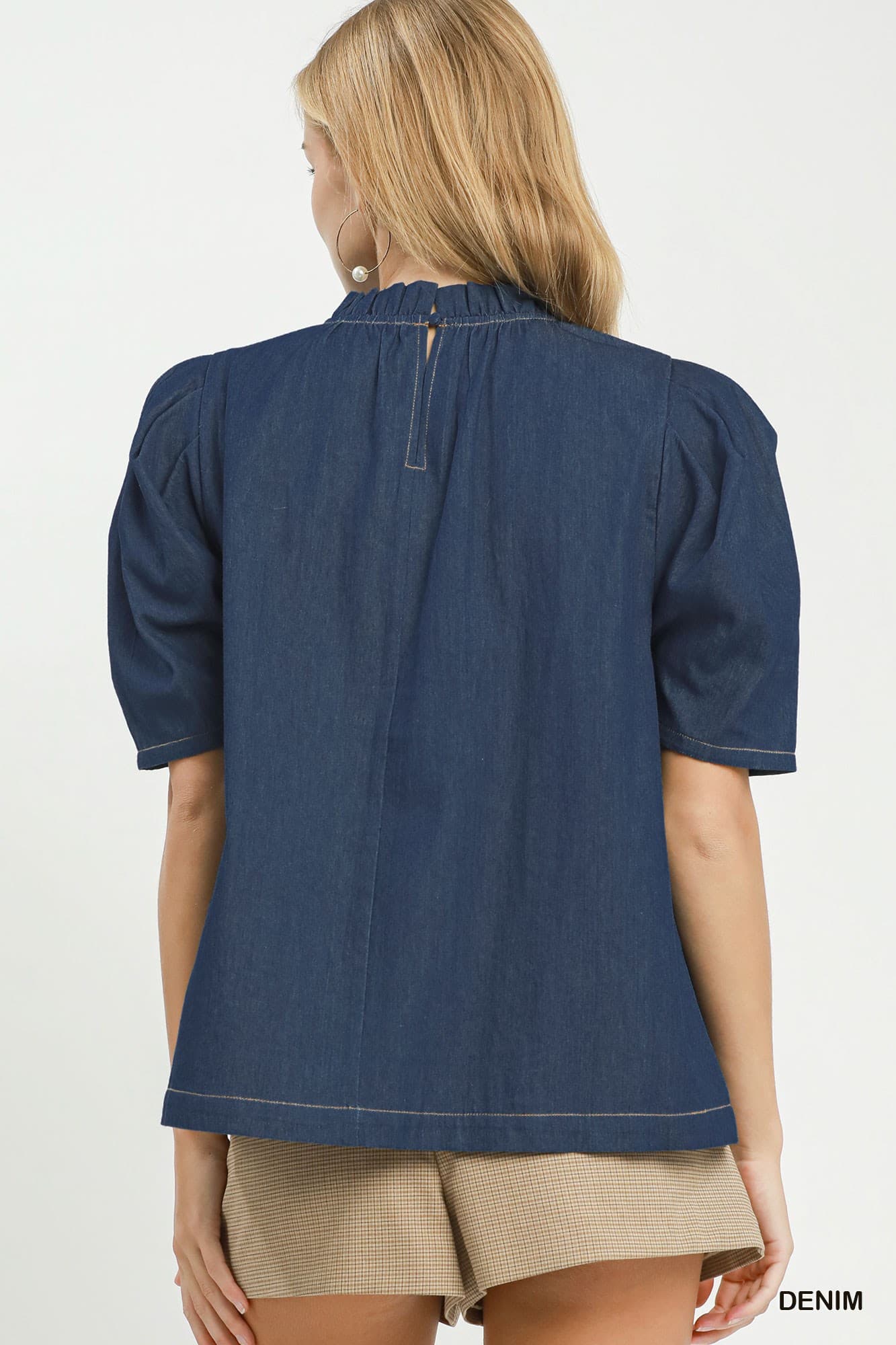 Umgee-Denim Puff Sleeve Mock Neck Blouse