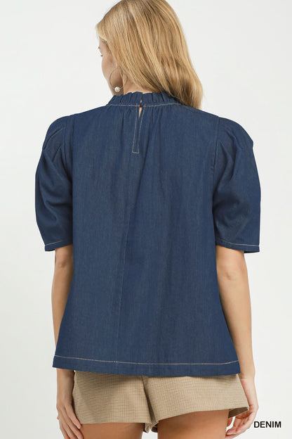 Umgee-Denim Puff Sleeve Mock Neck Blouse