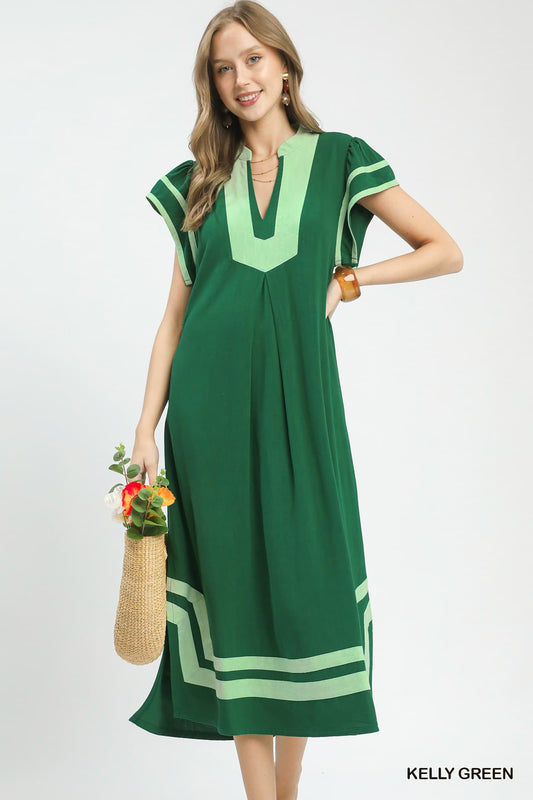 Umgee-Linen Cotton Contrast Neckline Midi Dress