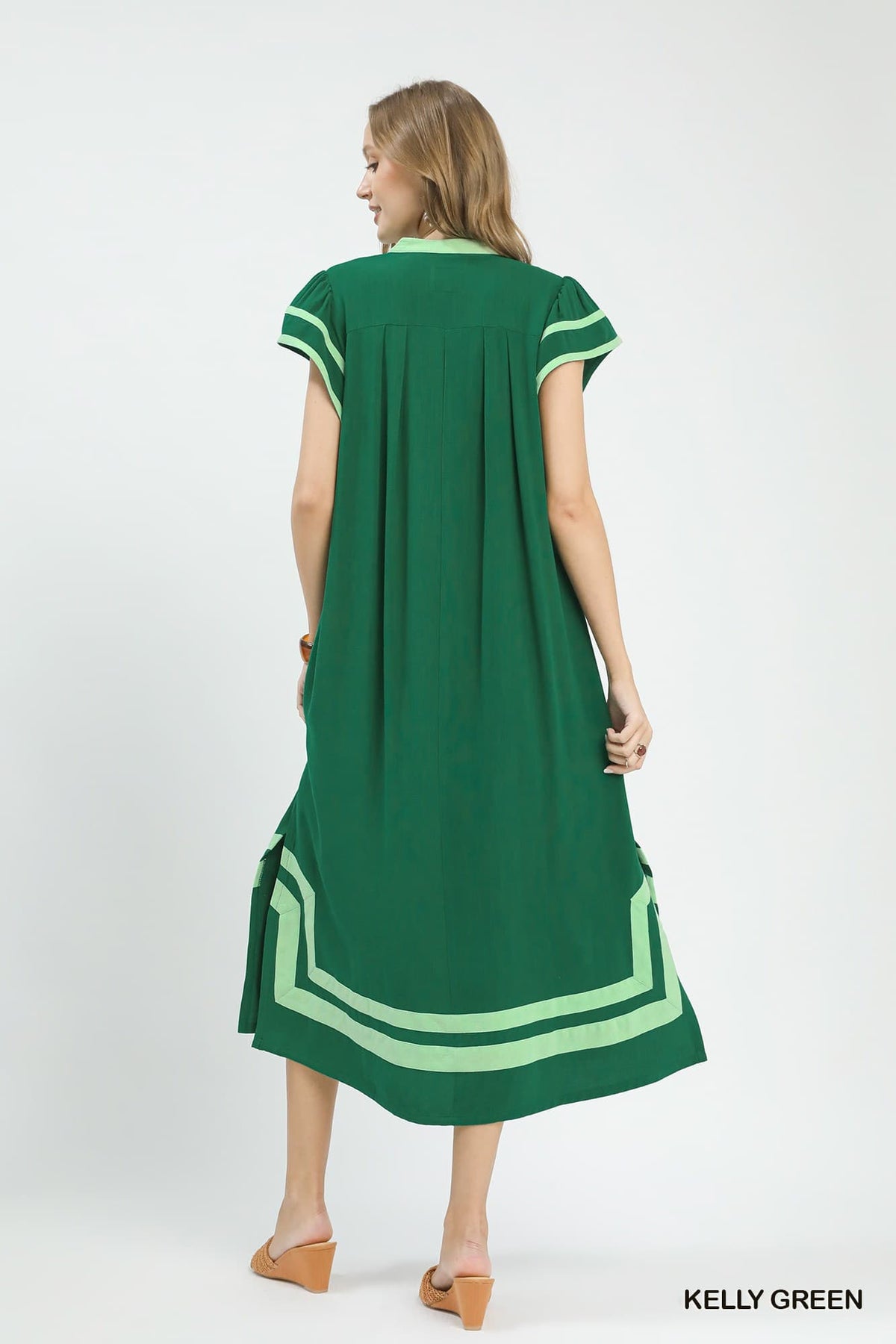 Umgee-Linen Cotton Contrast Neckline Midi Dress