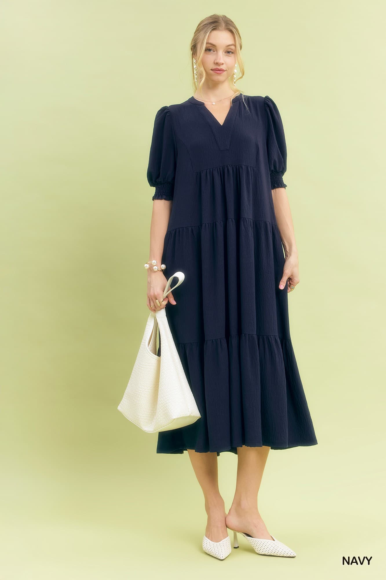 Umgee-Solid V-Neck Tiered Midi Dress