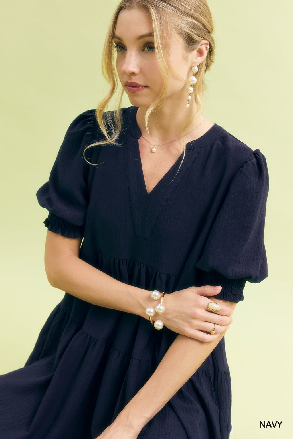 Umgee-Solid V-Neck Tiered Midi Dress