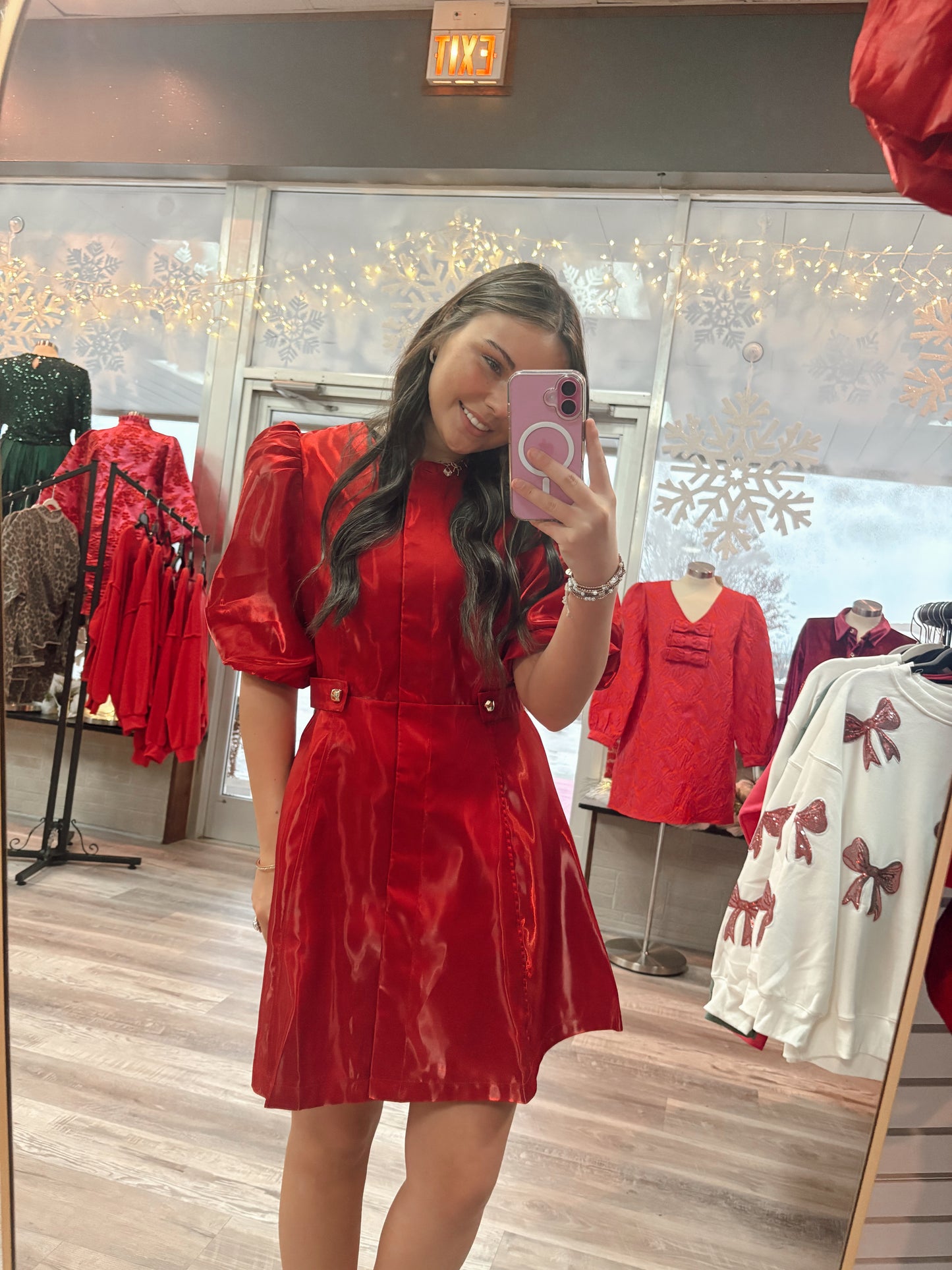 Collar Neck Puff Sleeve Waist Detail Shiny Dress