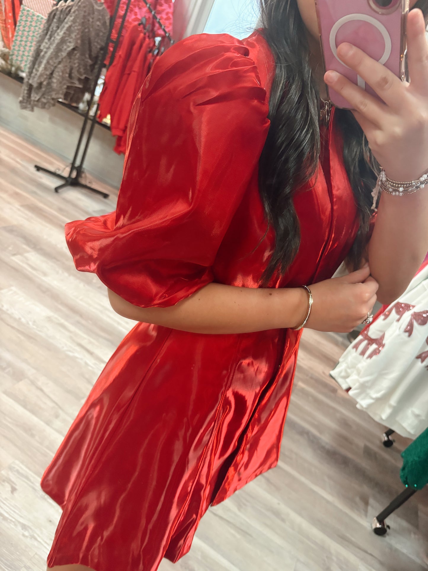 Collar Neck Puff Sleeve Waist Detail Shiny Dress