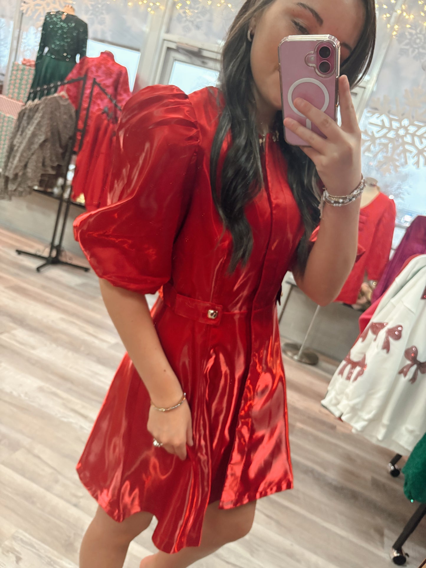 Collar Neck Puff Sleeve Waist Detail Shiny Dress