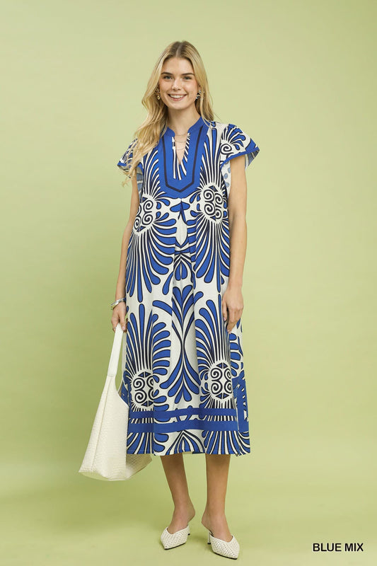 Umgee-Mix Bold Print Flutter Sleeve Midi Dress