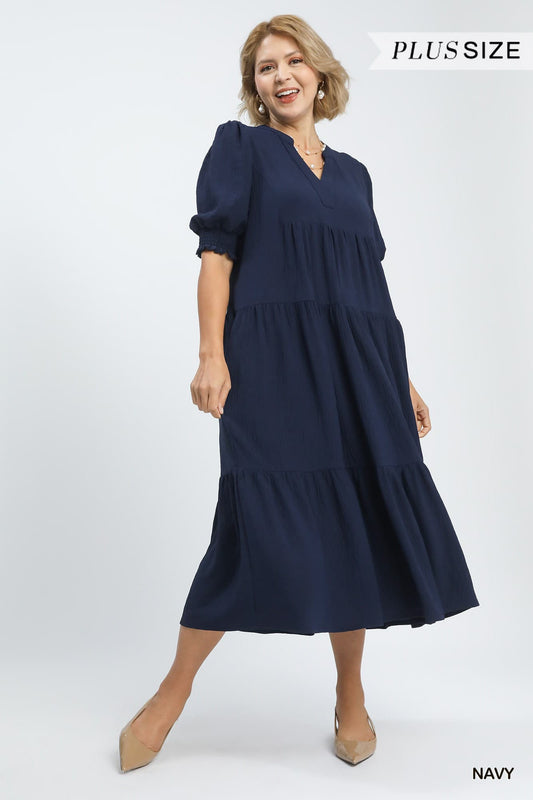 Umgee- Solid V-Neck Tiered Midi Dress