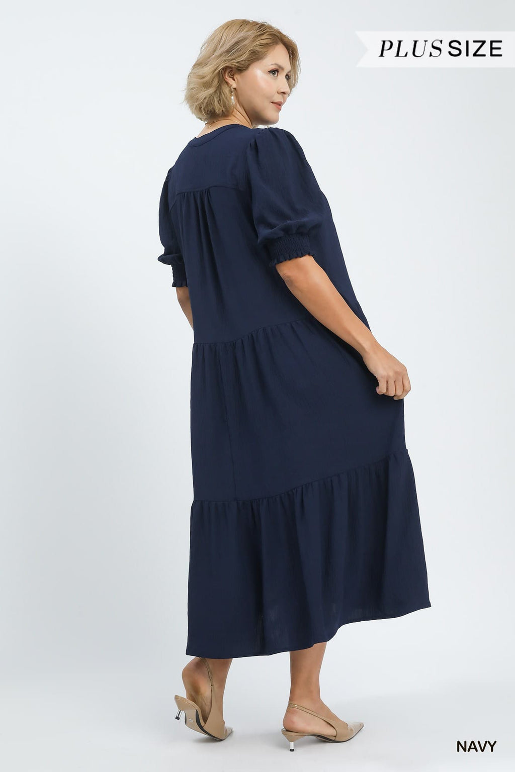 Umgee- Solid V-Neck Tiered Midi Dress