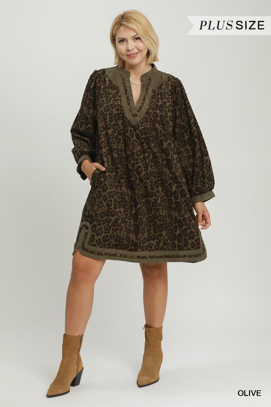 Umgee- Plus Size Leopard Print Contrast Trim Puff Sleeve Tunic Dress