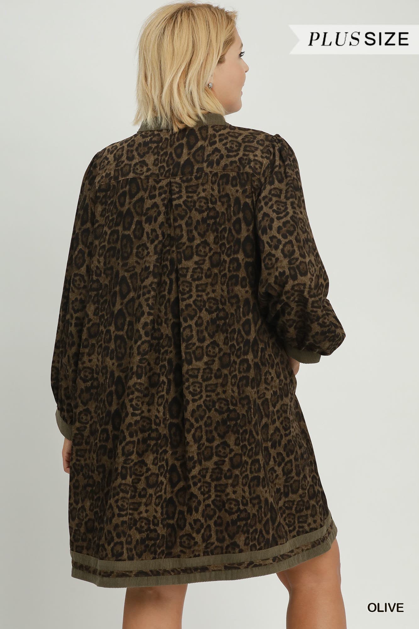 Umgee- Plus Size Leopard Print Contrast Trim Puff Sleeve Tunic Dress