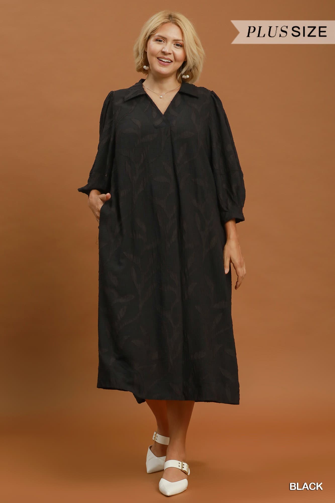 Umgee-Jacquard Collared Midi Dress
