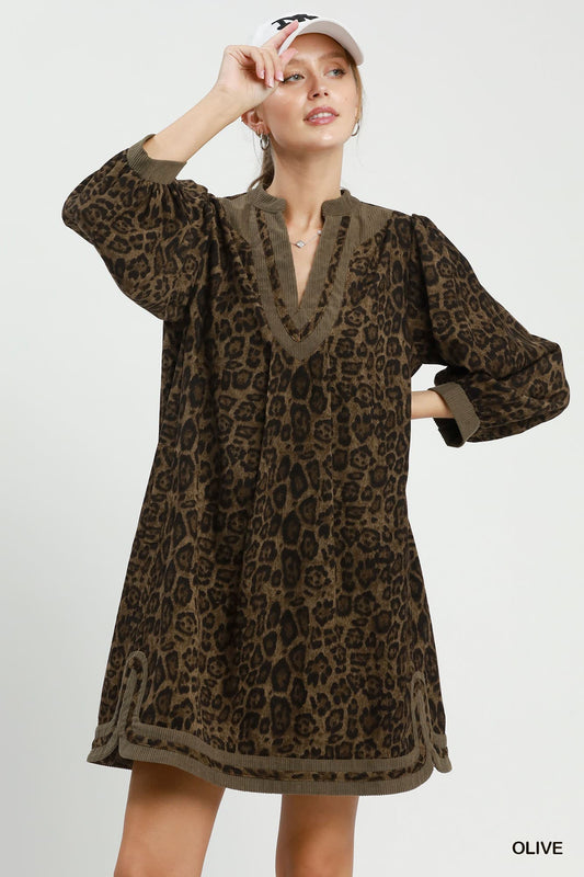 Umgee-Leopard Print Contrast Trim Puff Sleeve Tunic Dress