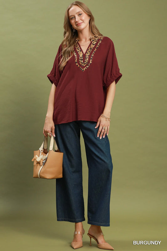 Umgee-Leopard Trim Dolman Sleeve Blouse