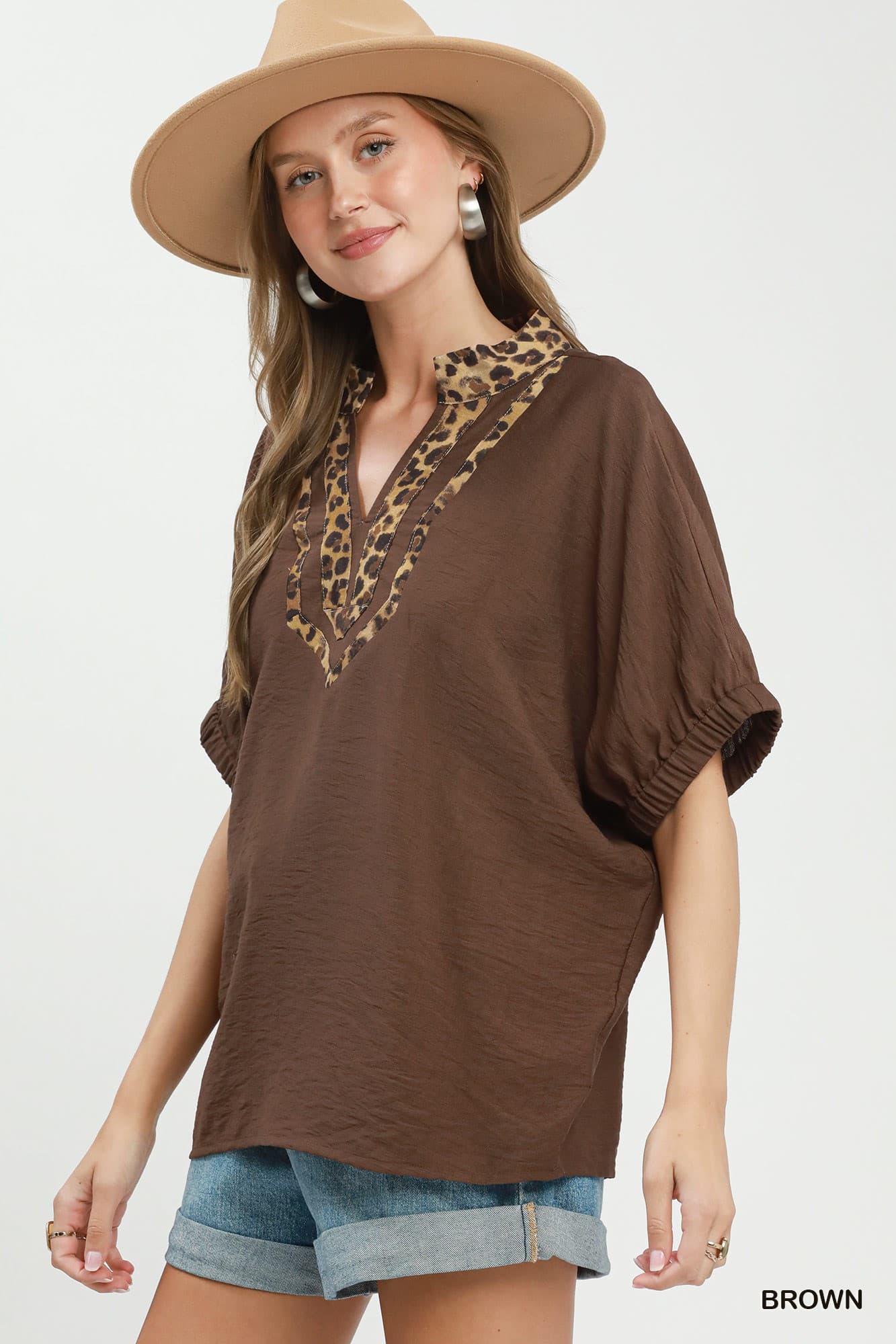 Umgee-Leopard Trim Dolman Sleeve Blouse