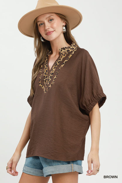Umgee-Leopard Trim Dolman Sleeve Blouse