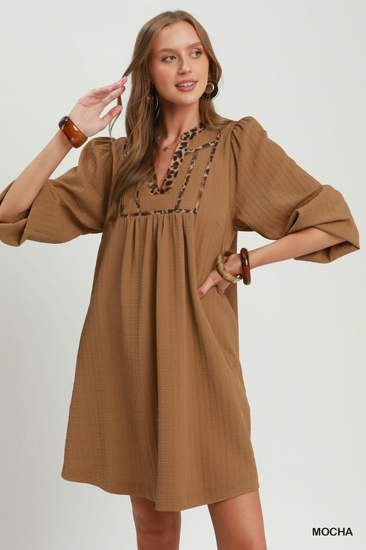 Umgee-Leopard Trim Textured Babydoll Mini Dress