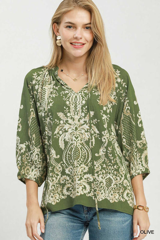 Umgee-Boho Border Print Tie Neck Blouse