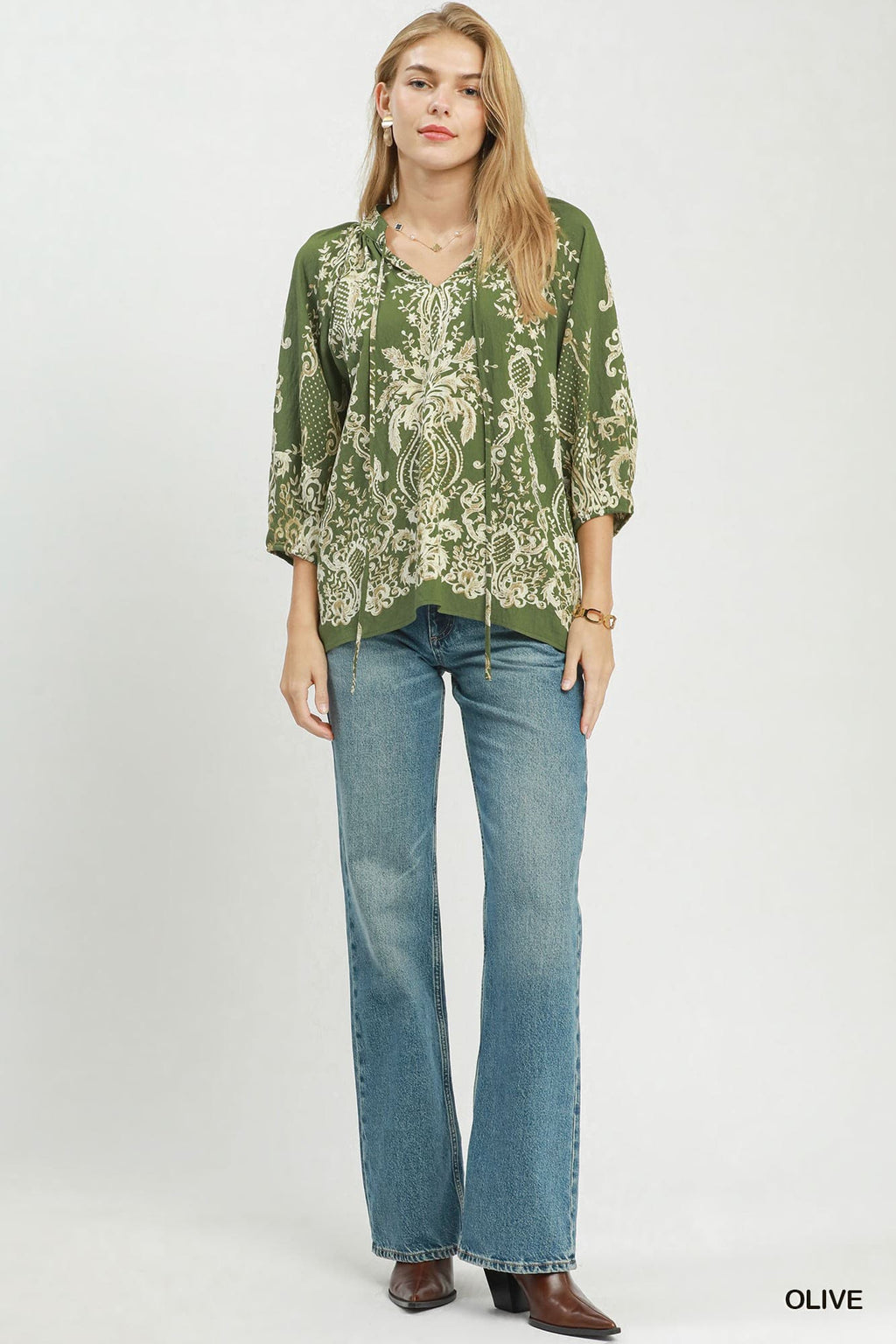 Umgee-Boho Border Print Tie Neck Blouse