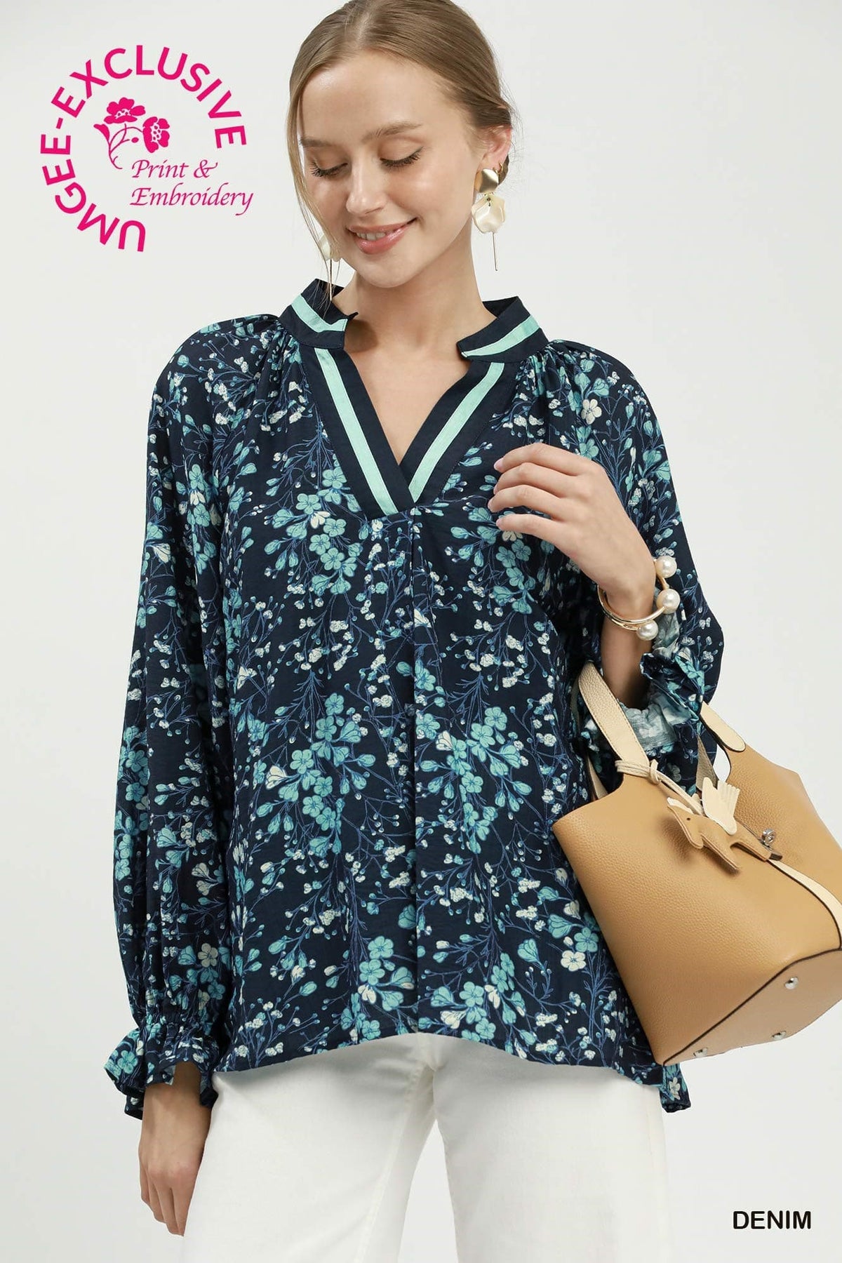 Umgee-Boho Border Print Tie Neck Blouse