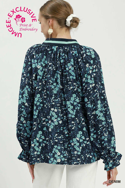Umgee-Boho Border Print Tie Neck Blouse