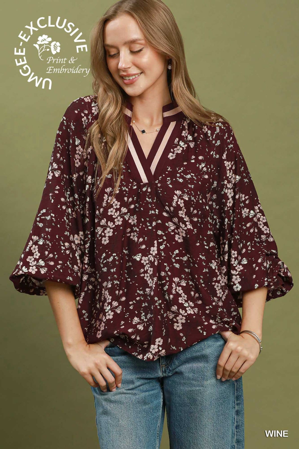 Umgee-Boho Border Print Tie Neck Blouse