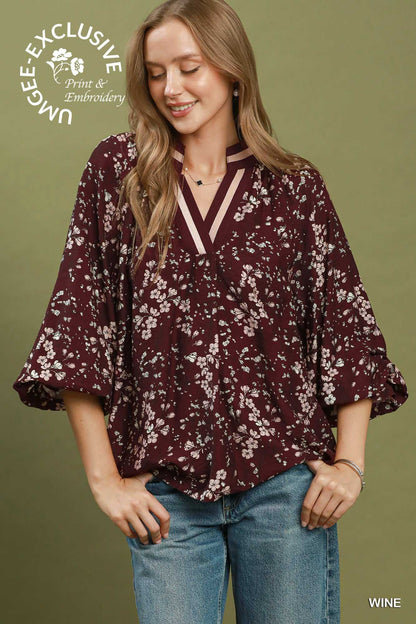 Umgee-Boho Border Print Tie Neck Blouse