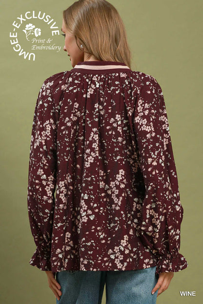 Umgee-Boho Border Print Tie Neck Blouse