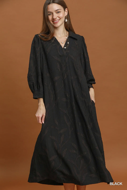 Umgee- Jacquard Collared Midi Dress