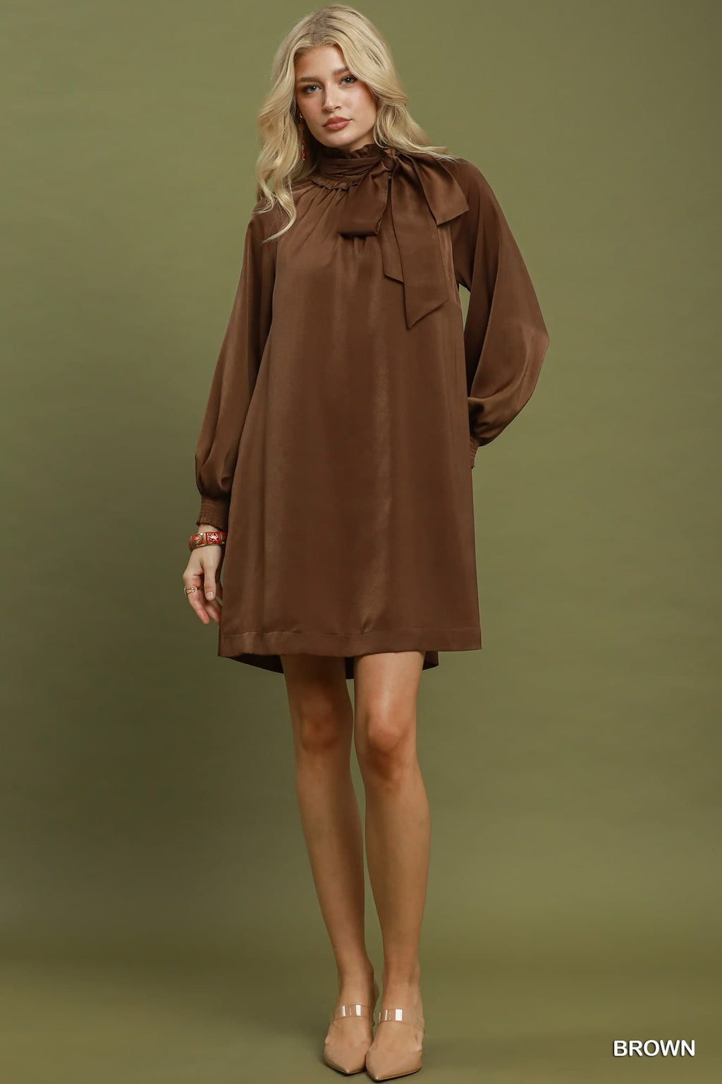 Umgee-Satin Tie Neck Mini Dress