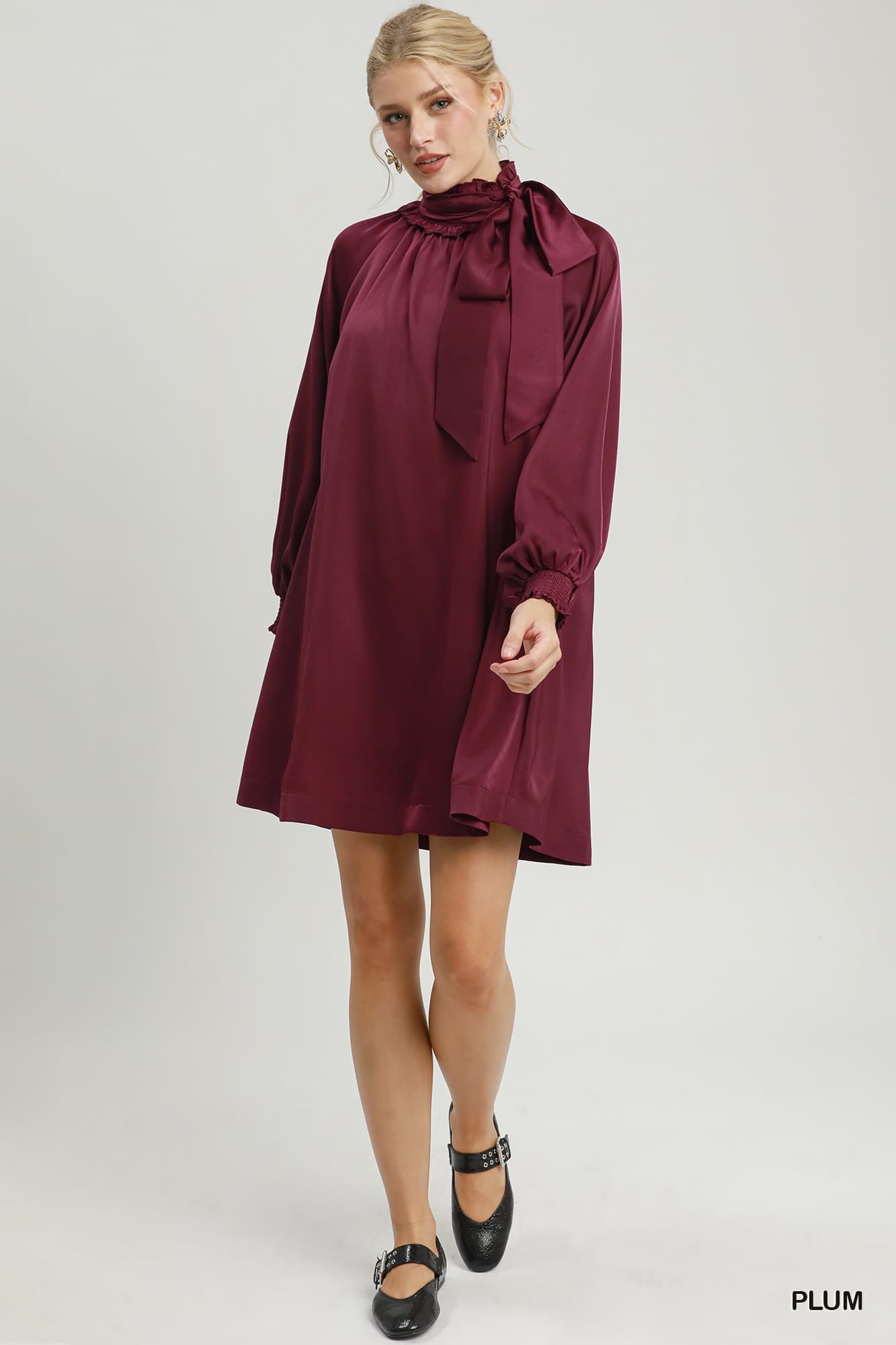 Umgee-Satin Tie Neck Mini Dress