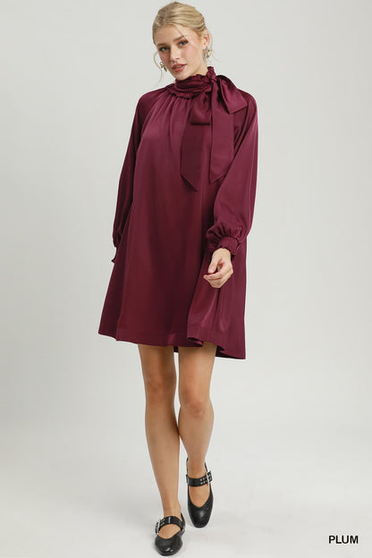 Umgee-Satin Tie Neck Mini Dress