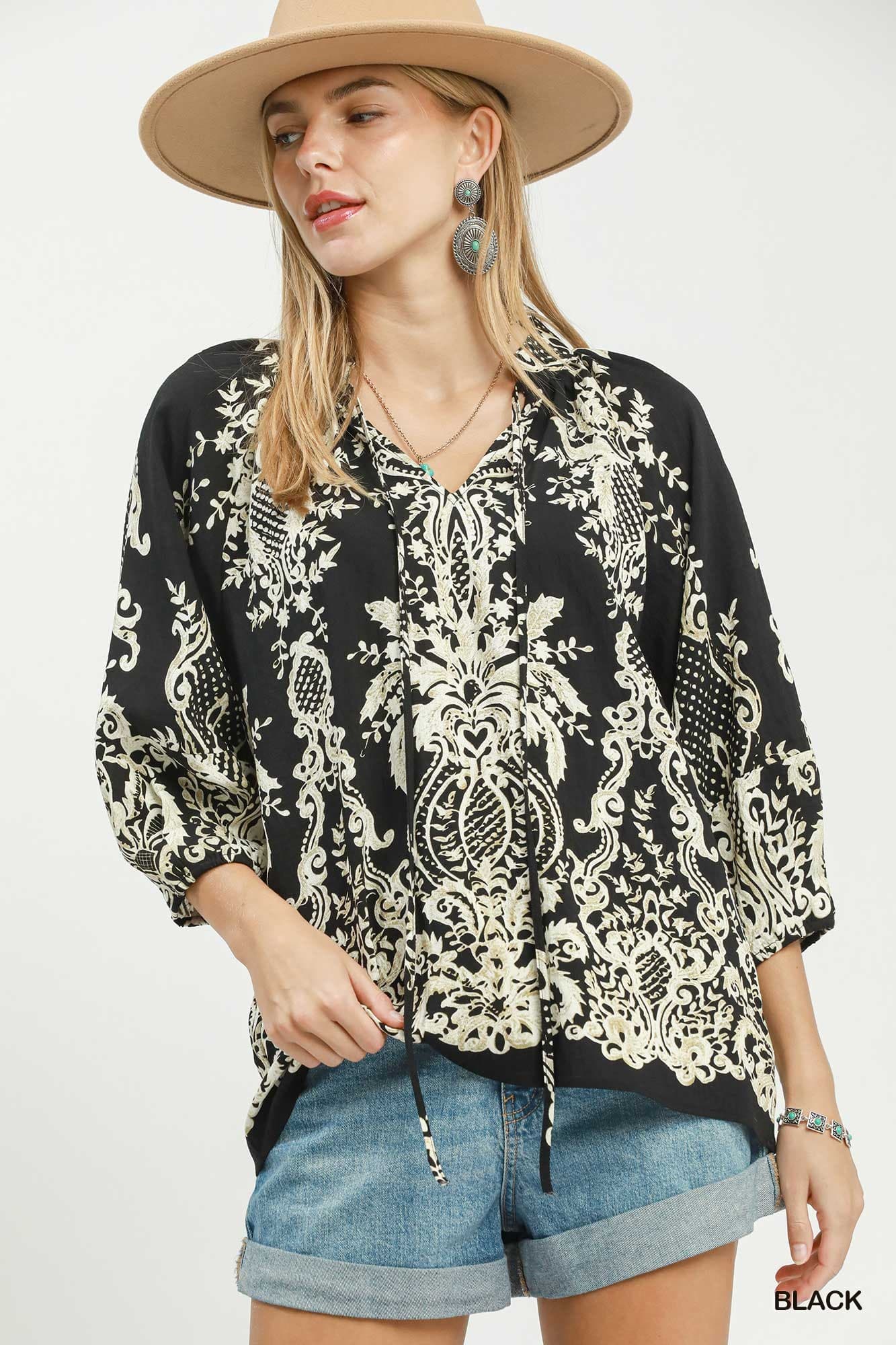 Umgee-Boho Border Print Tie Neck Blouse