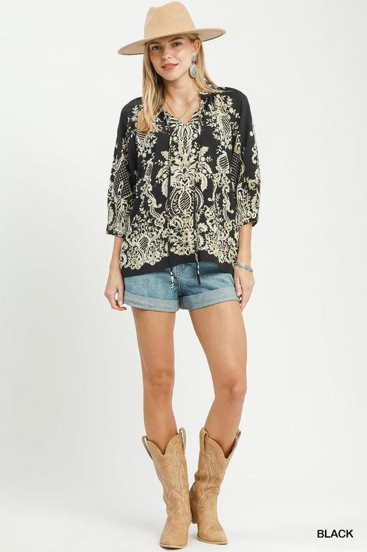 Umgee-Boho Border Print Tie Neck Blouse