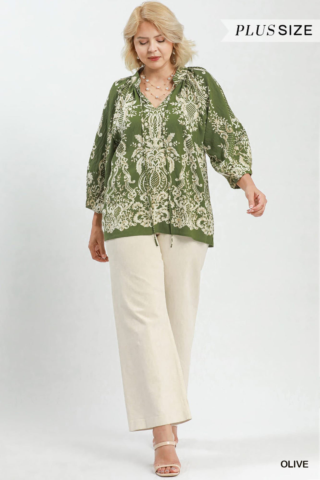 Umgee Plus Size Boho Border Print Tie Neck Blouse