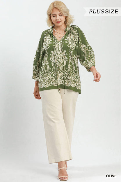 Umgee Plus Size Boho Border Print Tie Neck Blouse