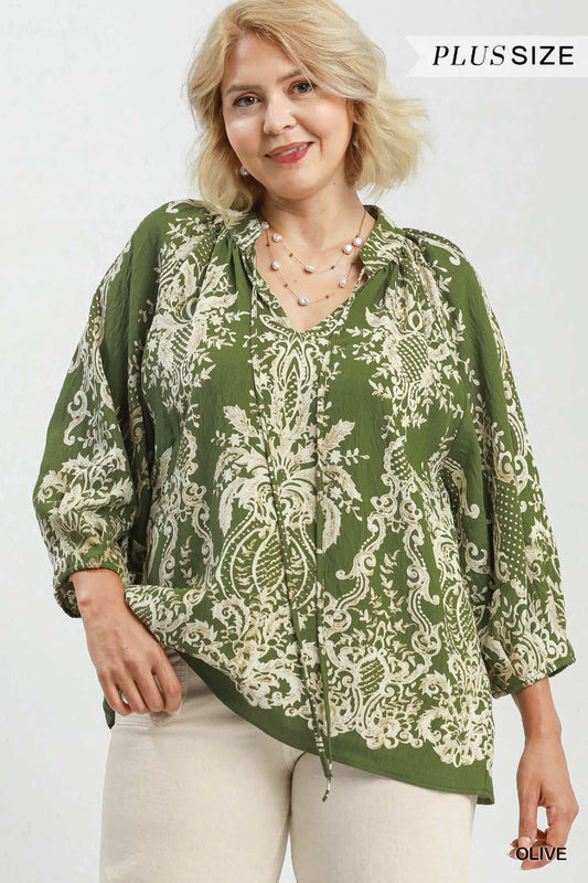 Umgee Plus Size Boho Border Print Tie Neck Blouse