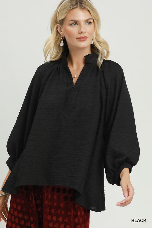 Umgee-Textured Split Neck Balloon Sleeve Blouse