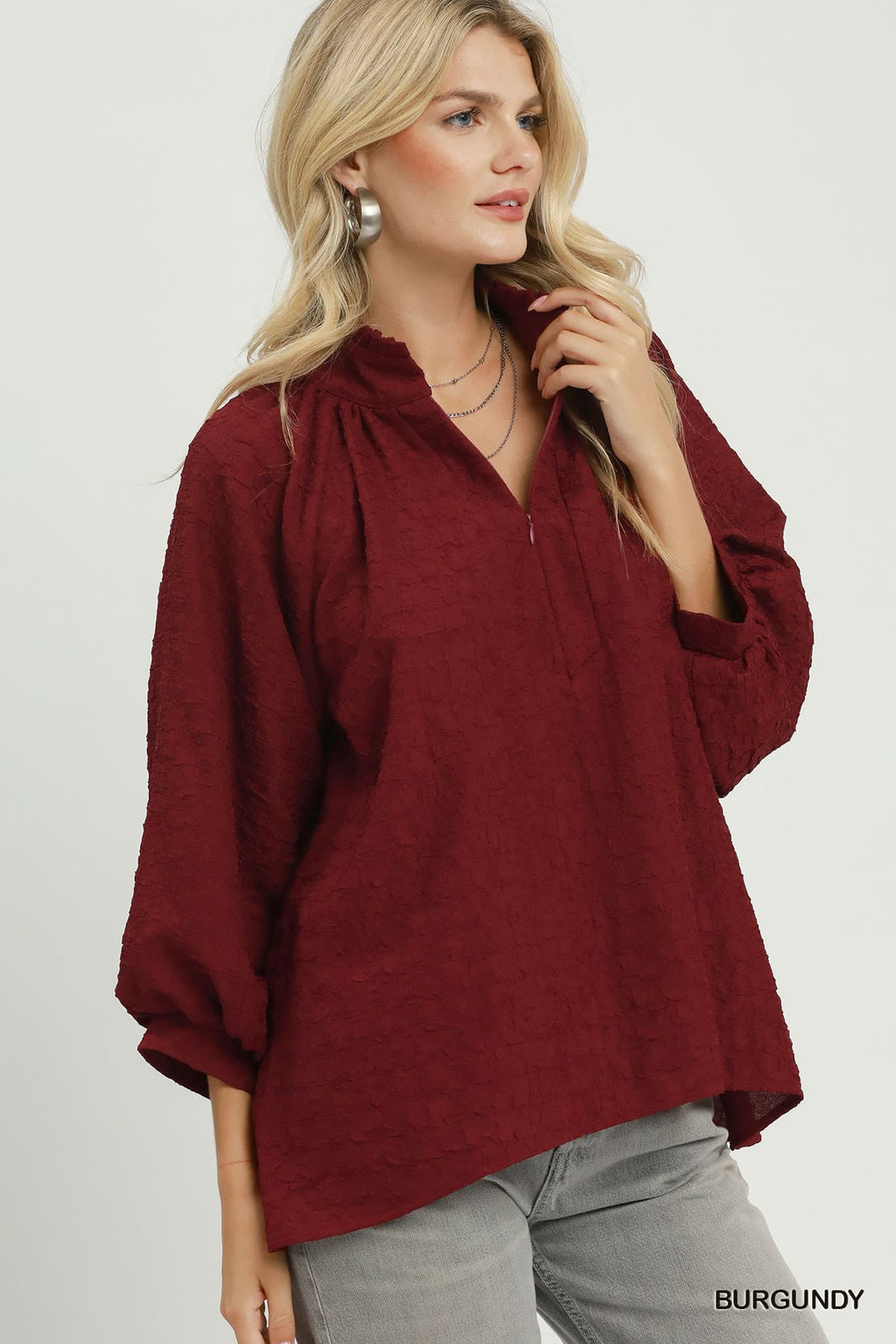 Umgee-Textured Split Neck Balloon Sleeve Blouse